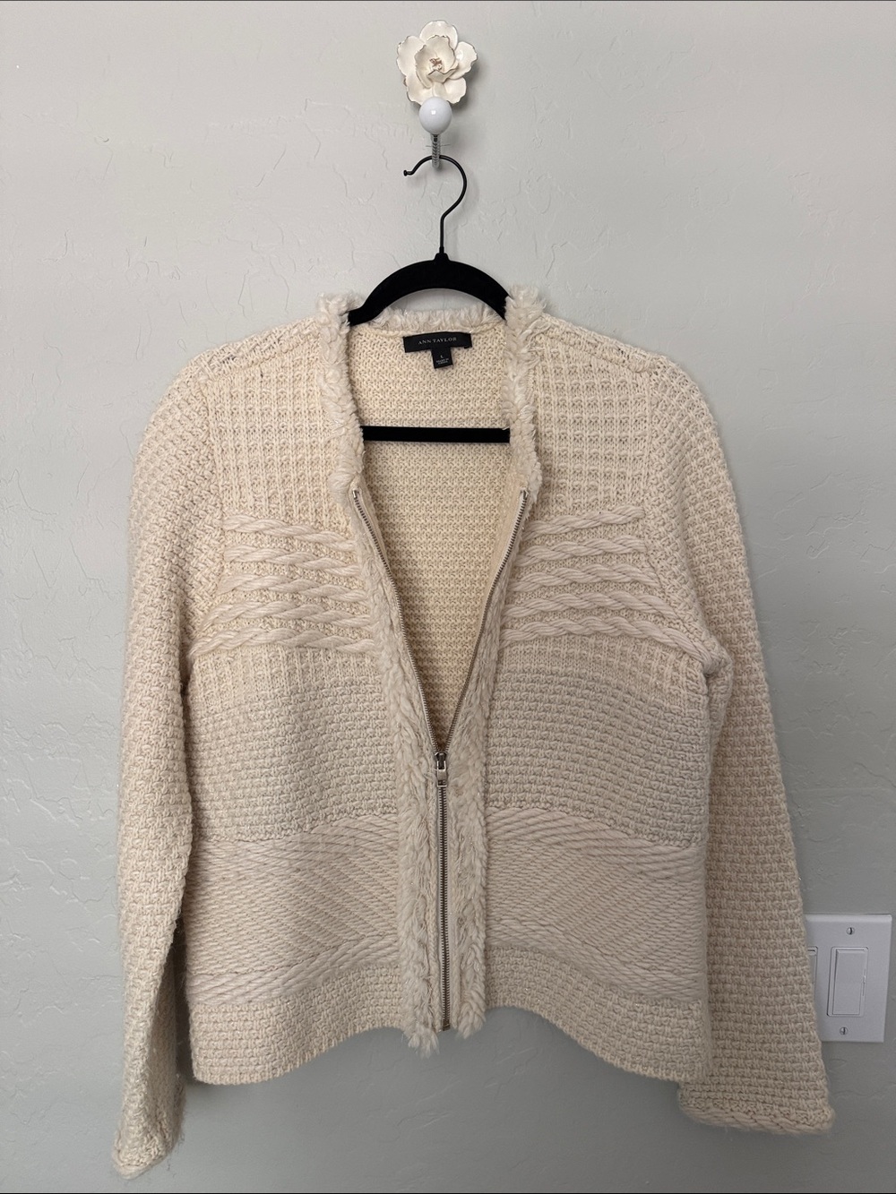 Ann Taylor Cream Cable-Textured Zip Cardigan